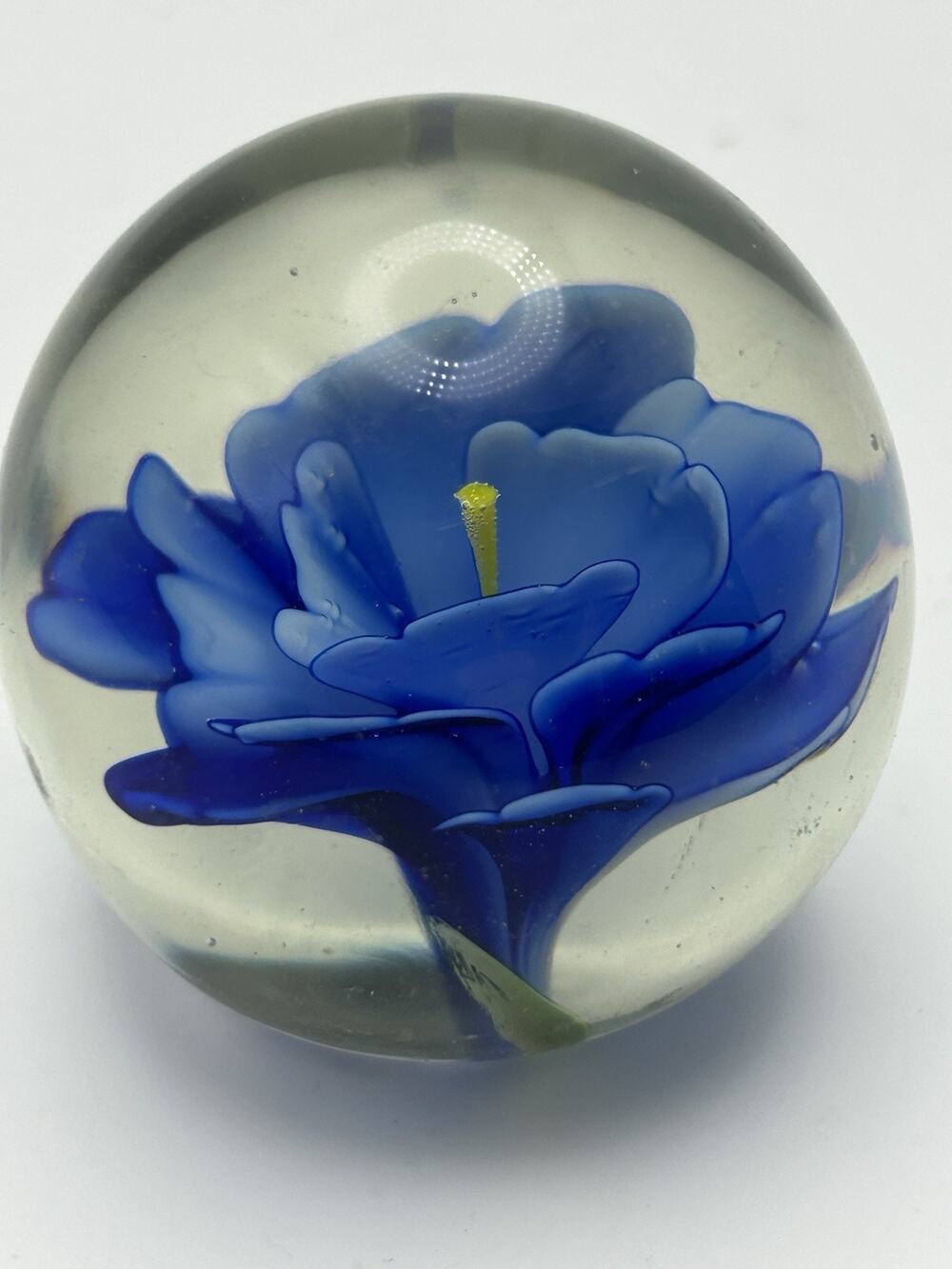 Vintage Small 2.5' Floral Art Glass Round Paperweight Blue Flower